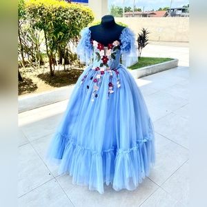 Ball gown 7-8yrs old Blue Birthday  Party Dress Floor Length Adjustable closure.